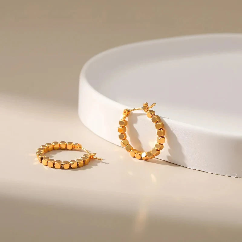 Gold Square Beaded Hoop Earrings for Women