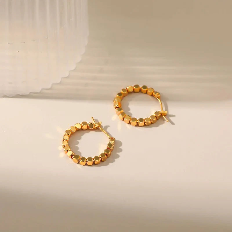 Gold Square Beaded Hoop Earrings for Women