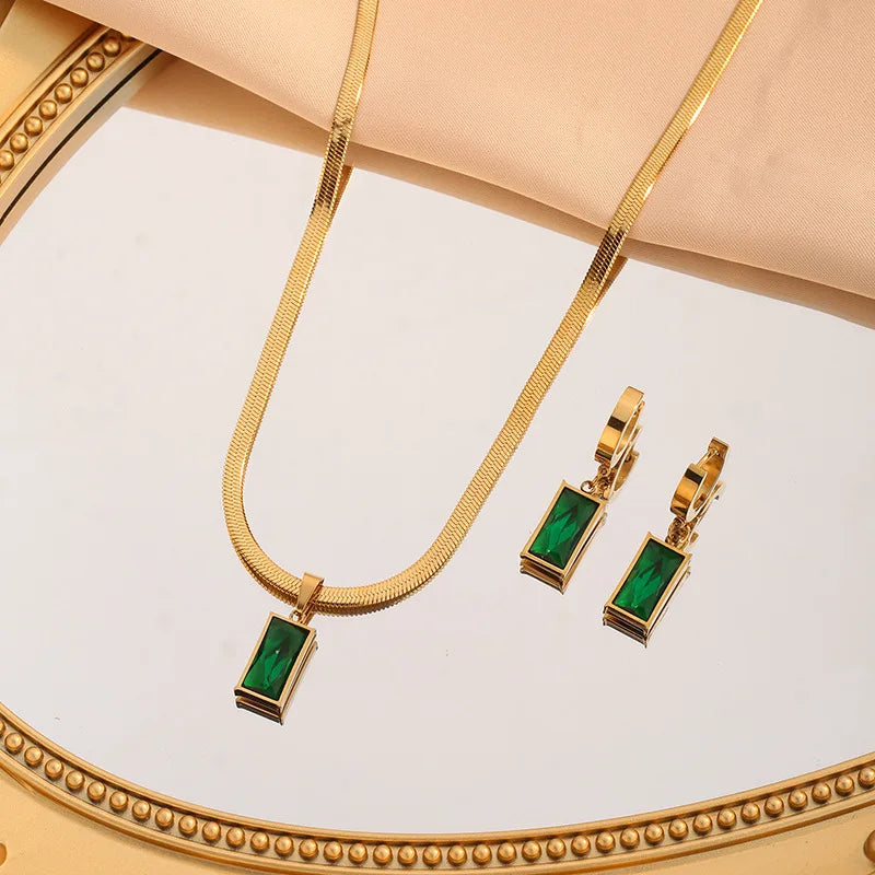 Green Crystal Zircon Necklace Earrings Set