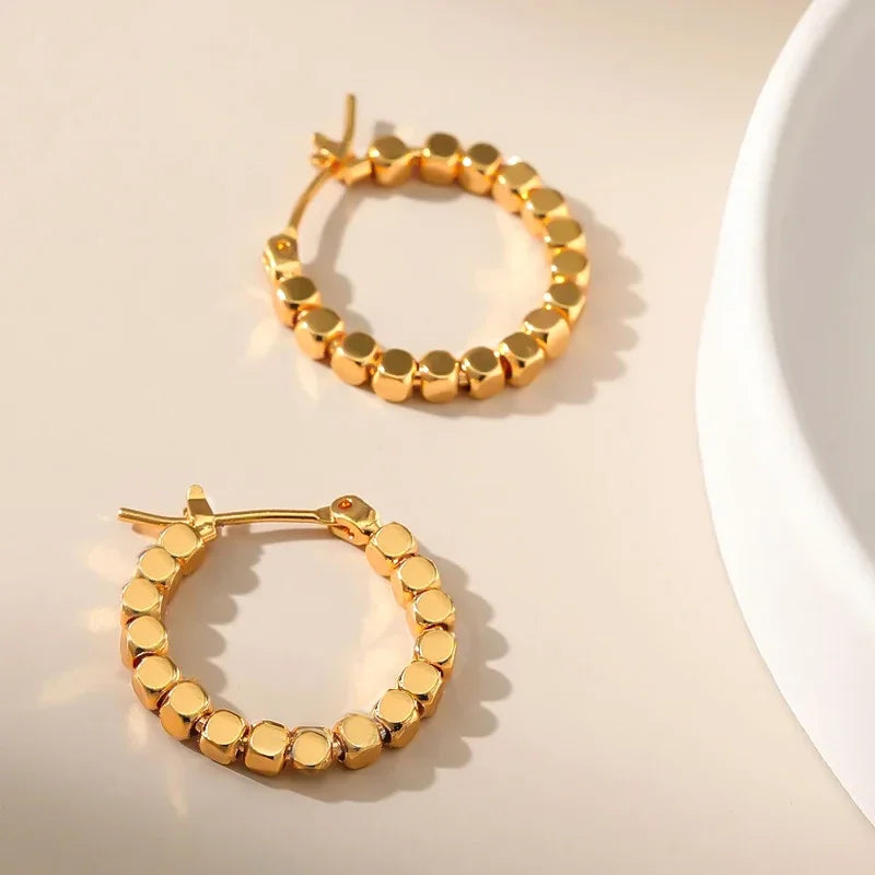 Gold Square Beaded Hoop Earrings for Women