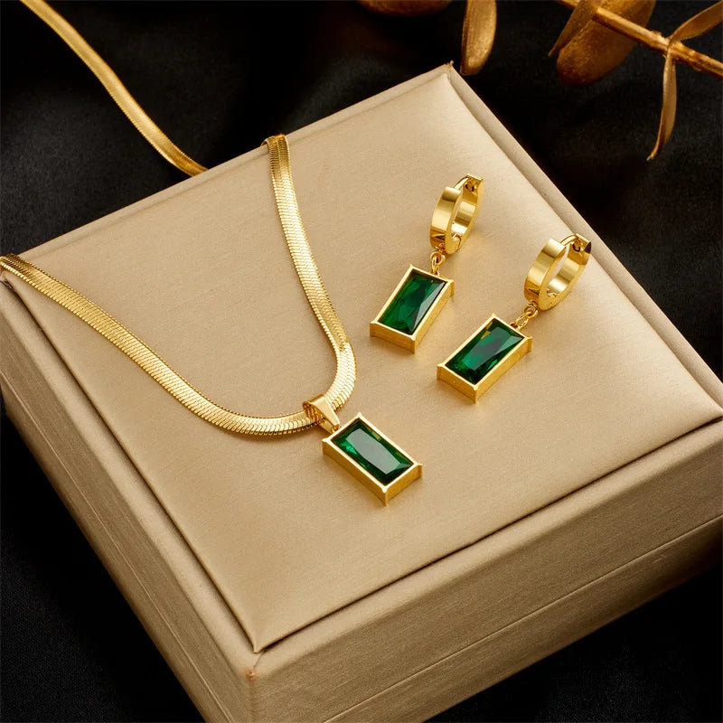 Green Crystal Zircon Necklace Earrings Set